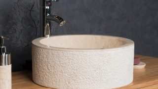 CREAM CYLINDRICAL STONE SINK WITH HAMMERED OUTER FINISH – 40 X 15CM